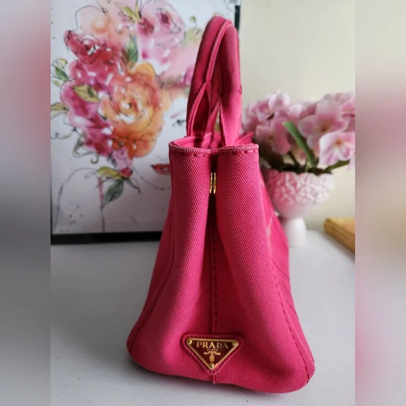 PRADA Pink Peonia Canapa Canvas Tote Bag